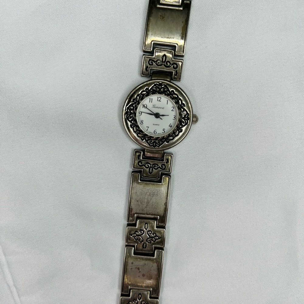 Vintage Geneva Quartz Silver-Tone Etched Scroll Bracelet Watch